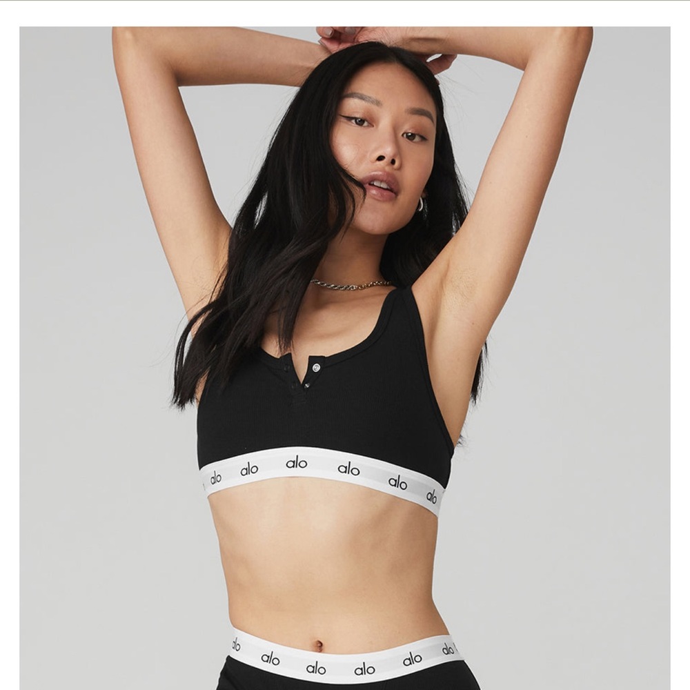 alo icon ribbed henley bra sz m black